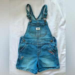 OshKosh B'gosh Girls' Blue Denim Floral Embroidered Shorts Overalls size 5 / 5T